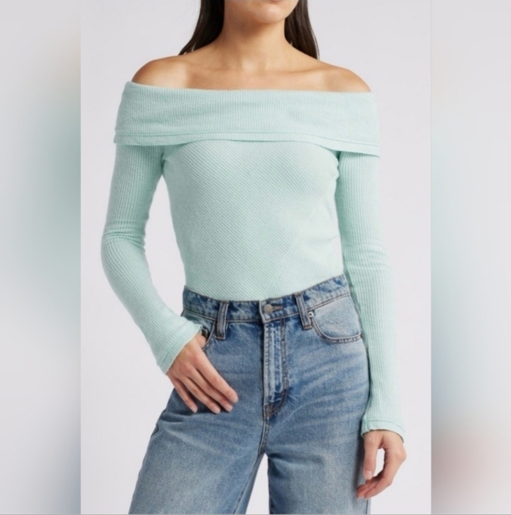 Free People Intimately Autumn Cozy Bodysuit Harbor Grey/Mint Blue-Green Sz S NWT